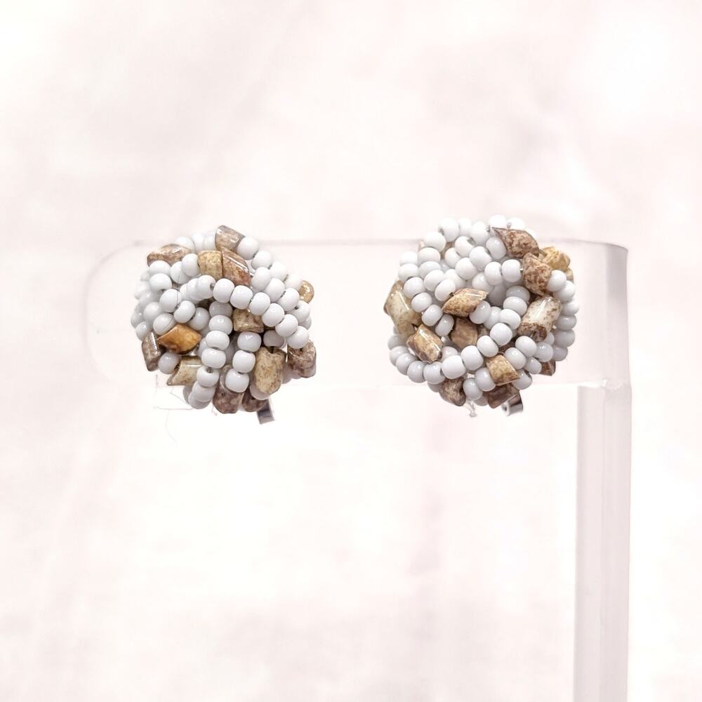 Vintage Clip On Earrings White & Tan Wrap Design 0.75" - Fair Condition